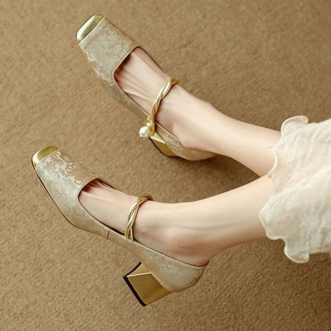 Nancy | Women’s Gold Square Toe Pearl Strap Heels