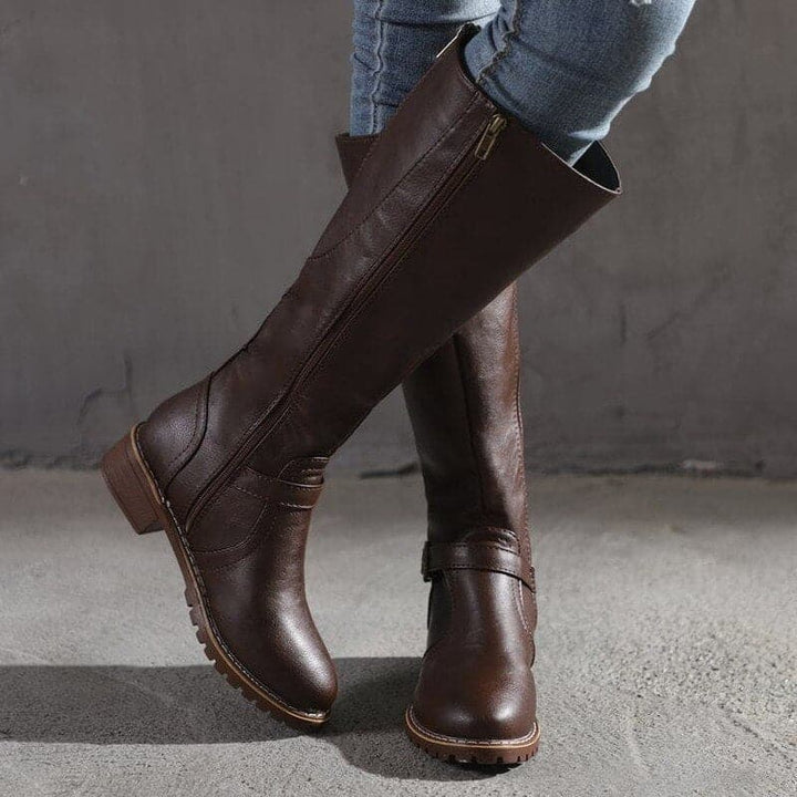 Women’s Leather Knee High Winter Boots – Warm Flat Buckle Riding Style Boots