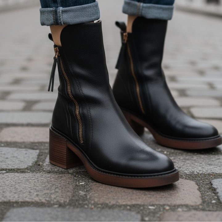 Women’s Leather Ankle Boots with Side Zip and Block Heel