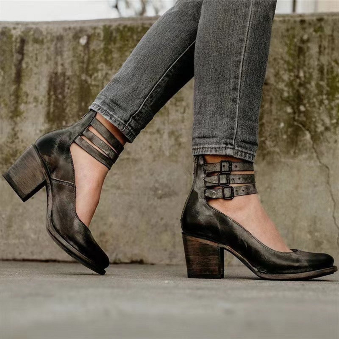 Women’s Vintage Ankle Boots with Buckle Straps & Block Heel