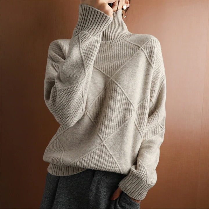 Women’s Loose Fit High Neck Knit Jumper – Textured Diamond Rib Sweater