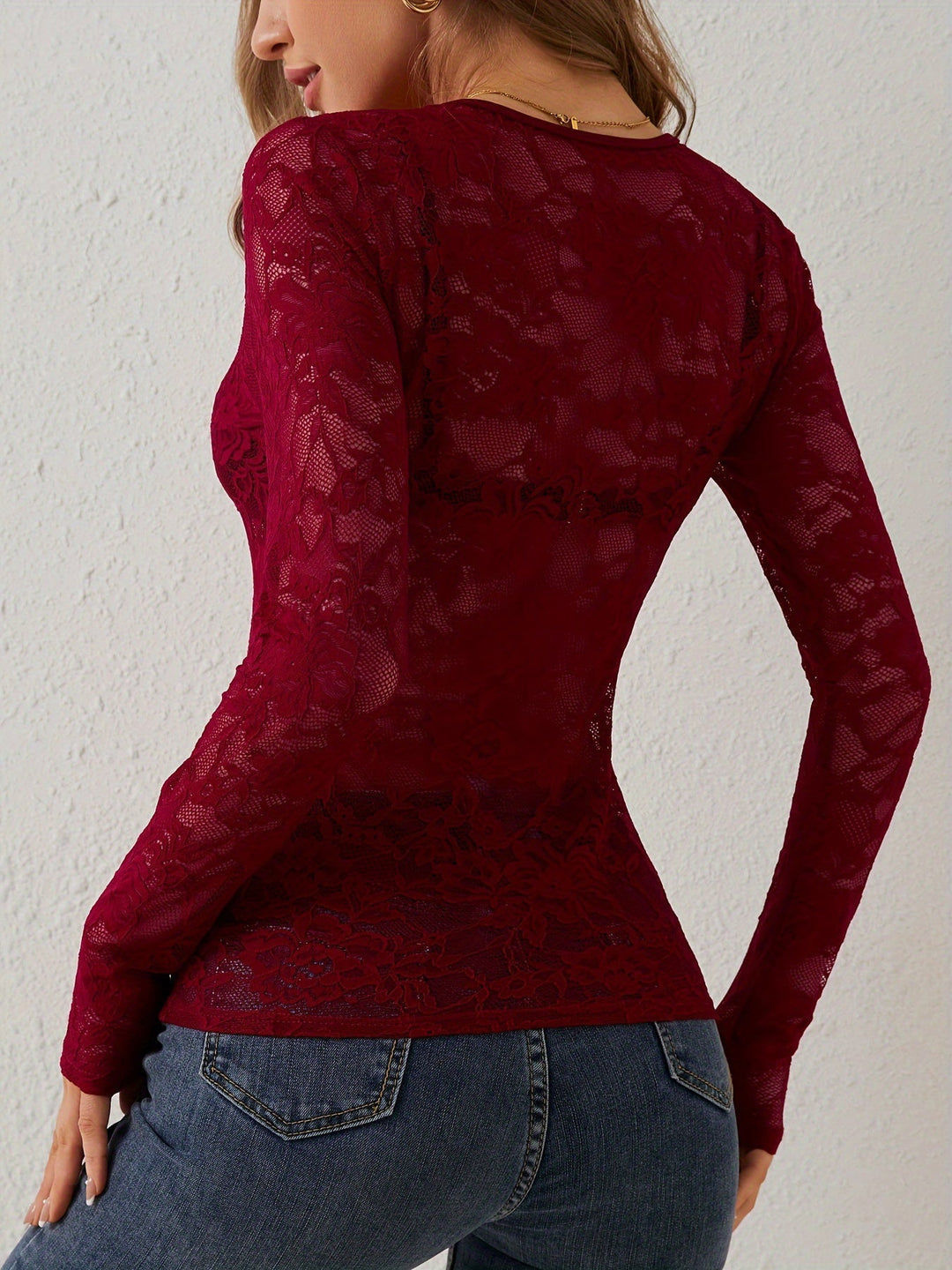 Women’s Long Sleeve Lace V-Neck Top – Elegant Going-Out Blouse