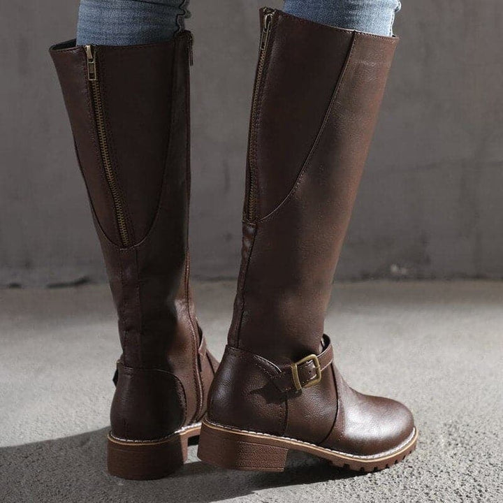 Women’s Leather Knee High Winter Boots – Warm Flat Buckle Riding Style Boots