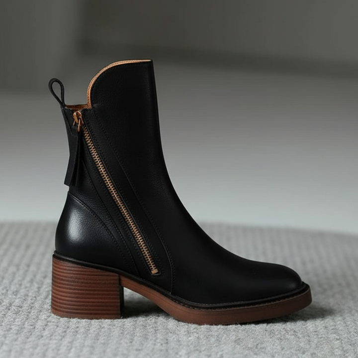 Women’s Leather Ankle Boots with Side Zip and Block Heel