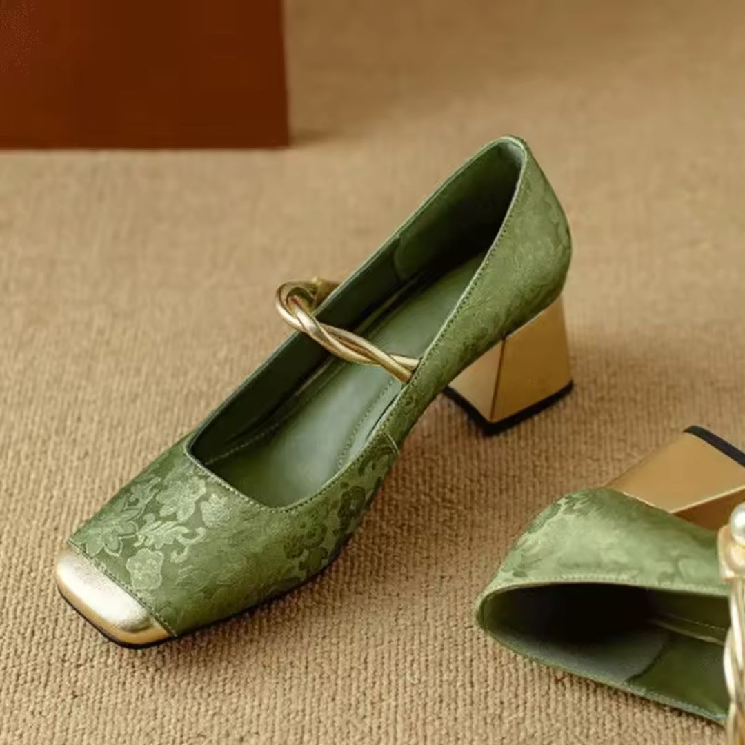 Nancy | Women’s Gold Square Toe Pearl Strap Heels