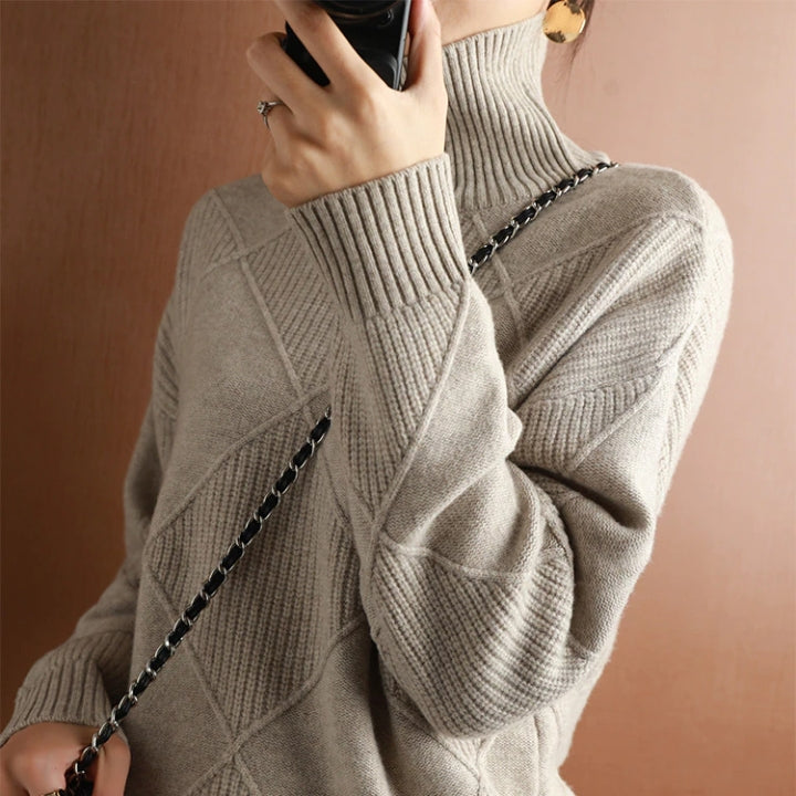 Women’s Loose Fit High Neck Knit Jumper – Textured Diamond Rib Sweater