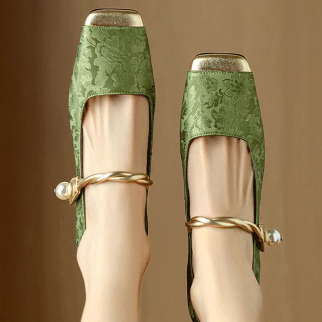 Nancy | Women’s Gold Square Toe Pearl Strap Heels