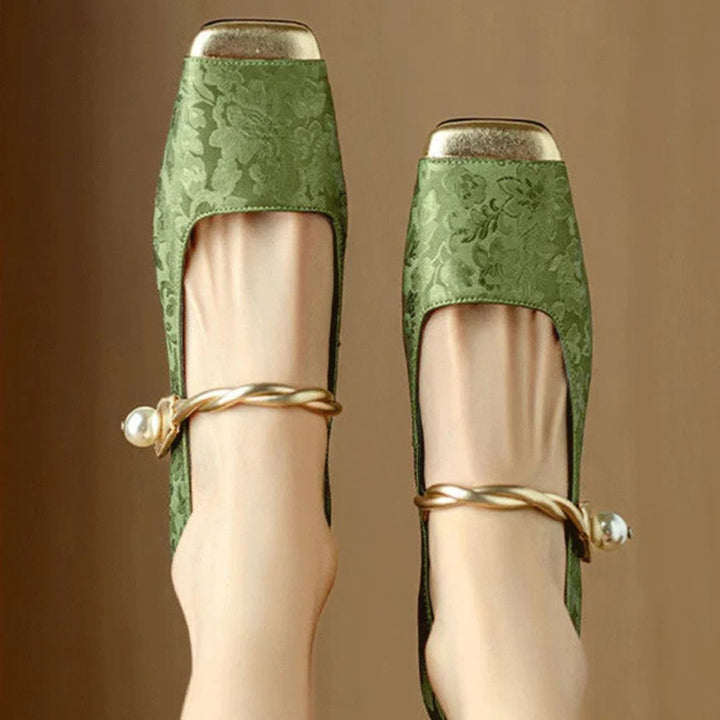 Nancy | Women’s Gold Square Toe Pearl Strap Heels