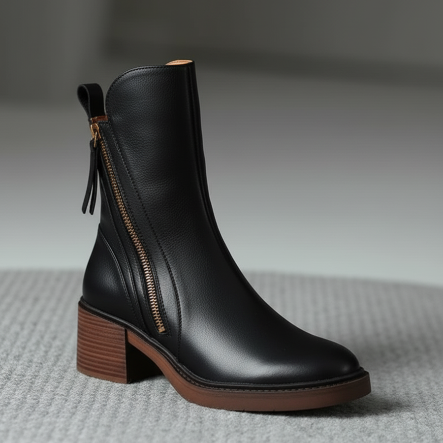 Women’s Leather Ankle Boots with Side Zip and Block Heel