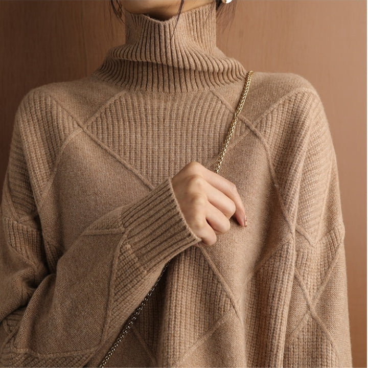 Women’s Loose Fit High Neck Knit Jumper – Textured Diamond Rib Sweater