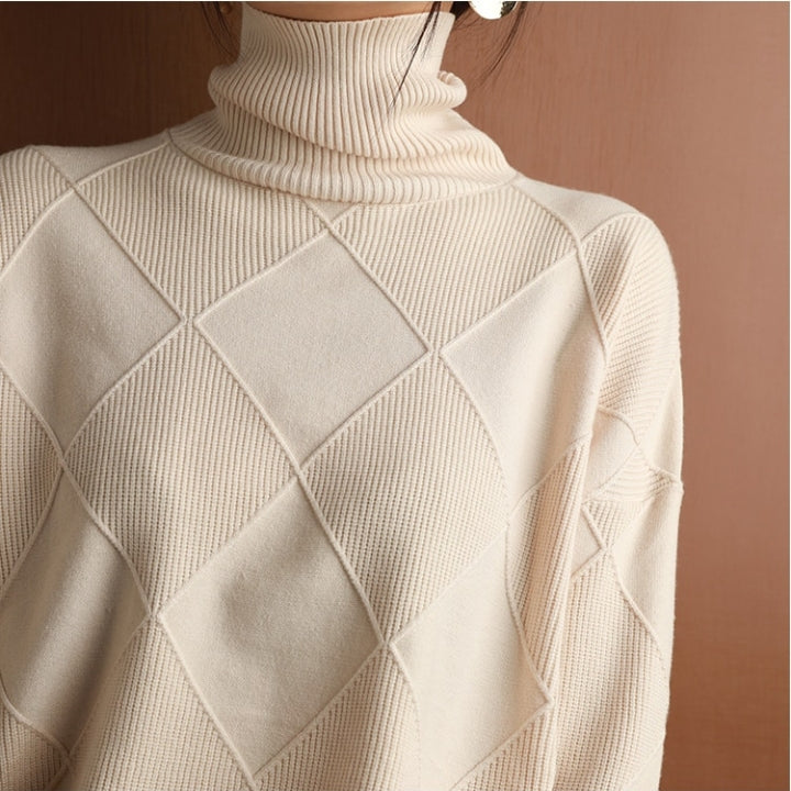 Women’s Loose Fit High Neck Knit Jumper – Textured Diamond Rib Sweater