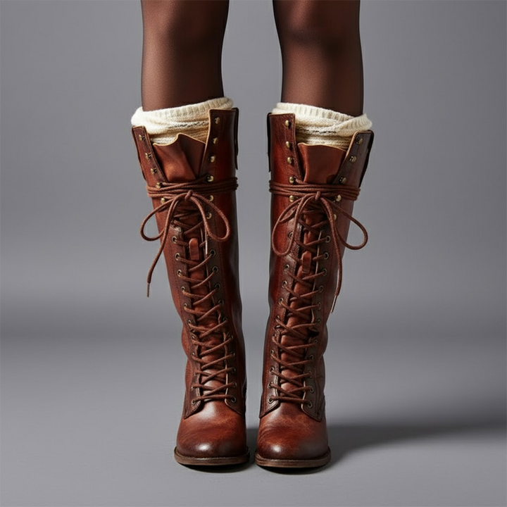 Women’s Lace-Up Knee-High Boots with Block Heel – Stylish Tall Combat Boots for Winter