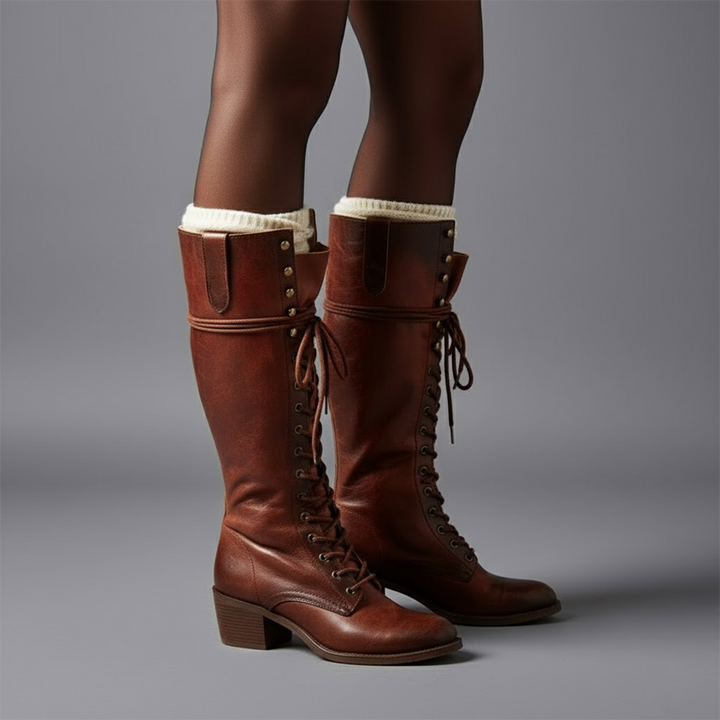 Women’s Lace-Up Knee-High Boots with Block Heel – Stylish Tall Combat Boots for Winter