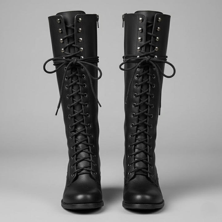 Women’s Lace-Up Knee-High Boots with Block Heel – Stylish Tall Combat Boots for Winter