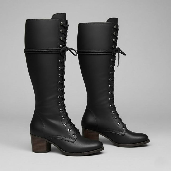 Women’s Lace-Up Knee-High Boots with Block Heel – Stylish Tall Combat Boots for Winter