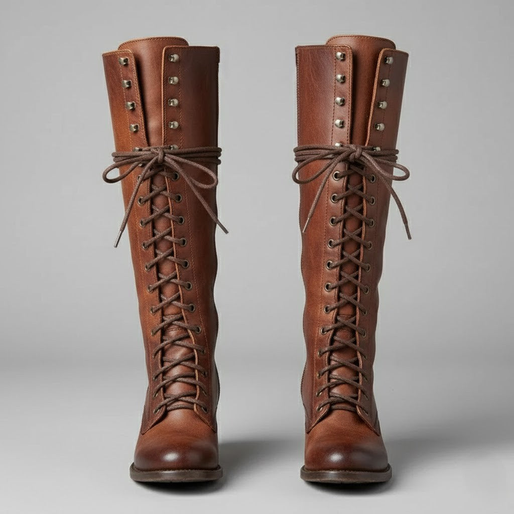 Women’s Lace-Up Knee-High Boots with Block Heel – Stylish Tall Combat Boots for Winter