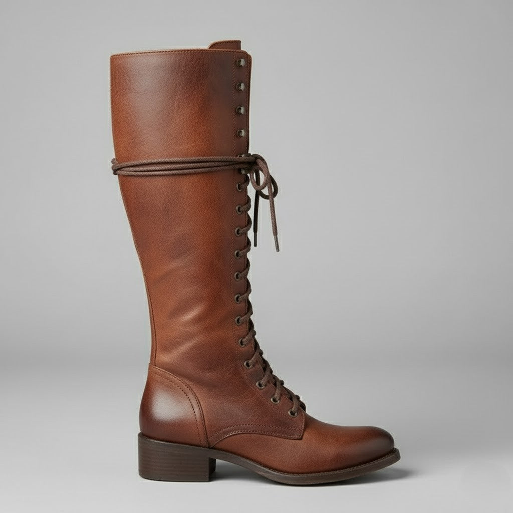 Women’s Lace-Up Knee-High Boots with Block Heel – Stylish Tall Combat Boots for Winter