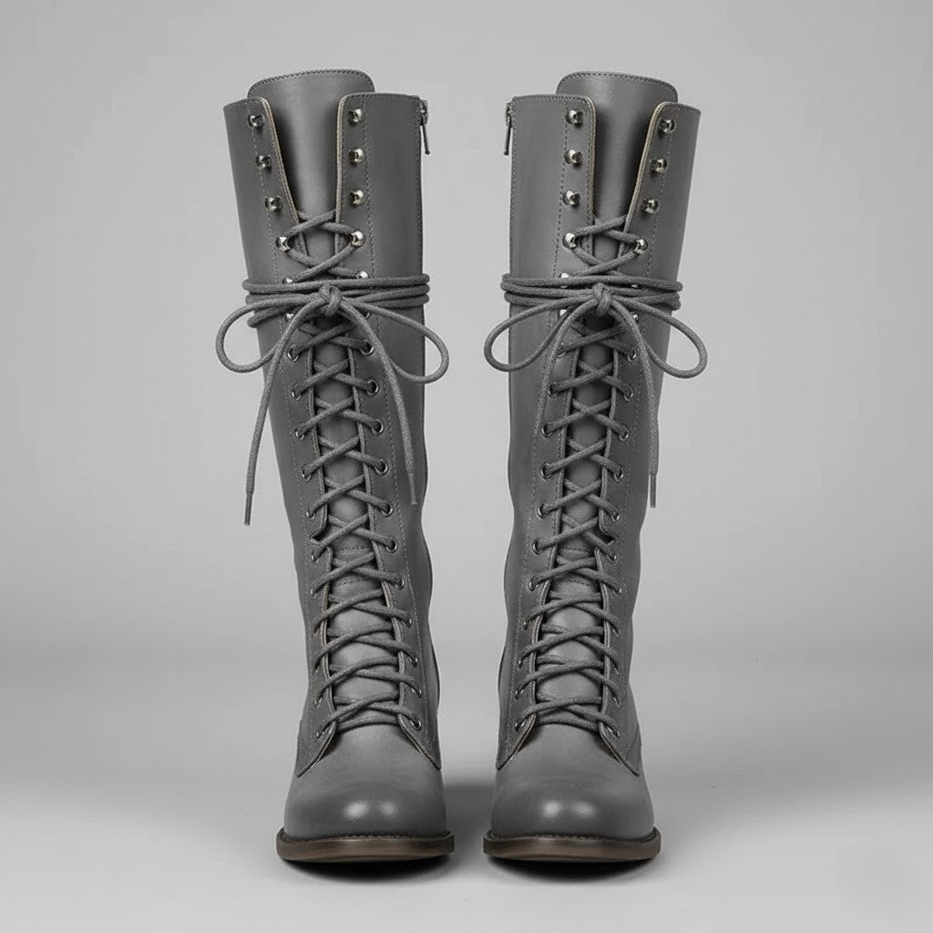 Women’s Lace-Up Knee-High Boots with Block Heel – Stylish Tall Combat Boots for Winter