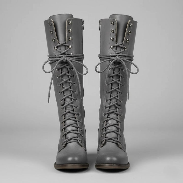 Women’s Lace-Up Knee-High Boots with Block Heel – Stylish Tall Combat Boots for Winter