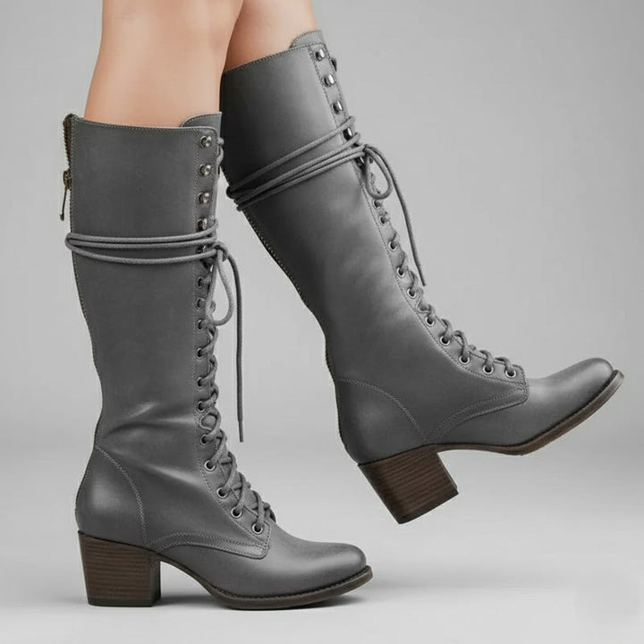 Women’s Lace-Up Knee-High Boots with Block Heel – Stylish Tall Combat Boots for Winter