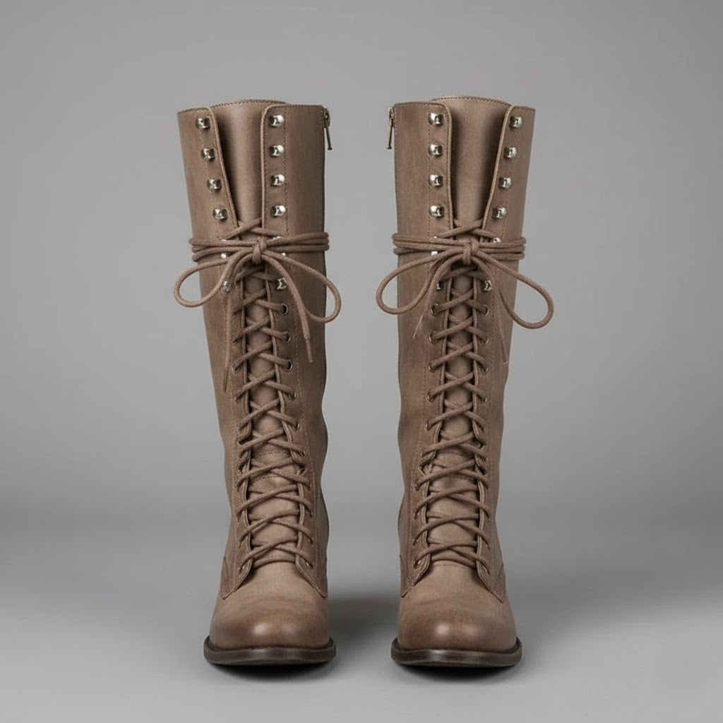 Women’s Lace-Up Knee-High Boots with Block Heel – Stylish Tall Combat Boots for Winter