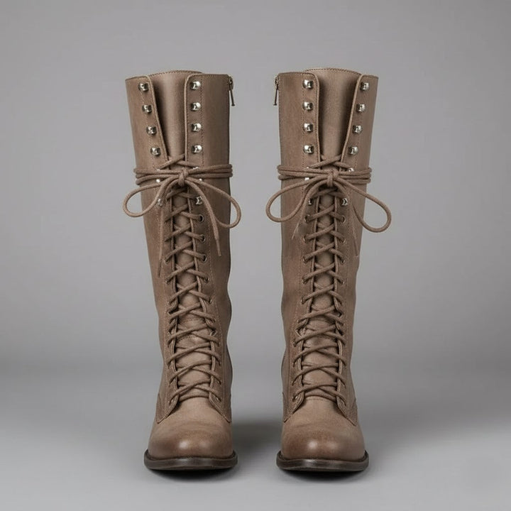 Women’s Lace-Up Knee-High Boots with Block Heel – Stylish Tall Combat Boots for Winter