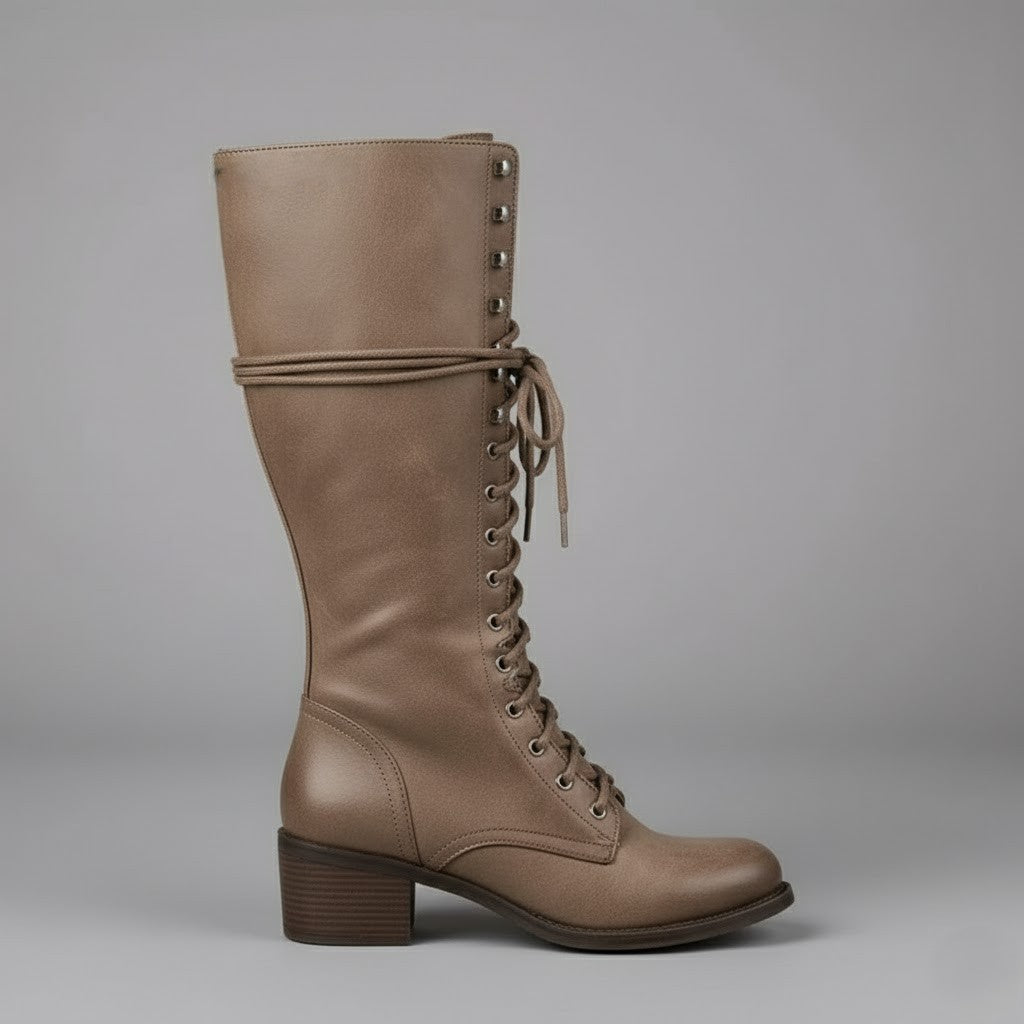 Women’s Lace-Up Knee-High Boots with Block Heel – Stylish Tall Combat Boots for Winter