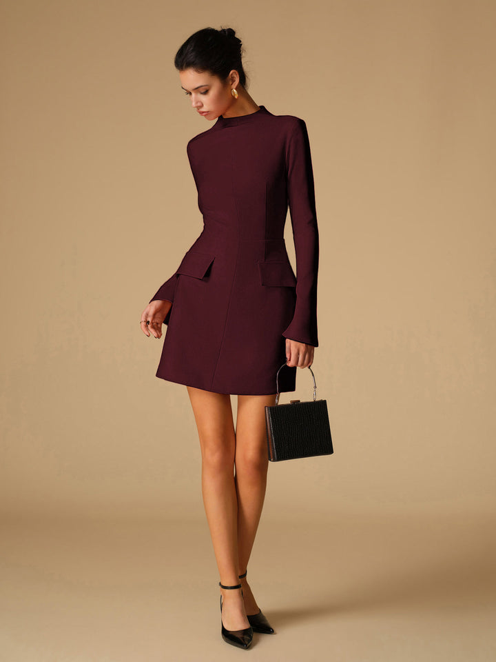 Red Long Sleeve Christmas Mini Dress – Elegant Mock Neck Party Dress
