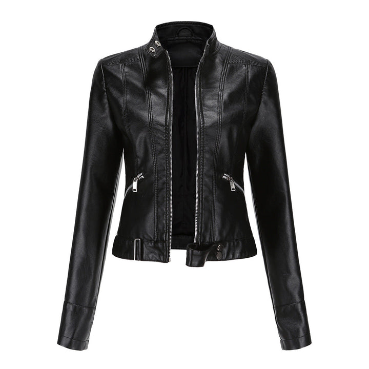 Women's Leather Jacket with Zip Closure High Collar and Belt