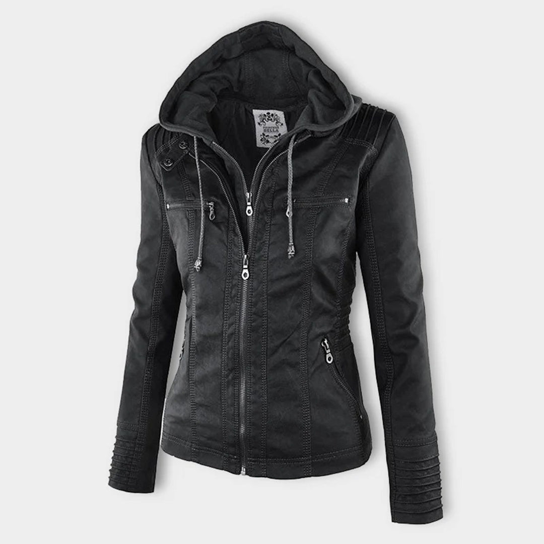 Women’s Stylish Hooded Leather Biker Jacket Coat