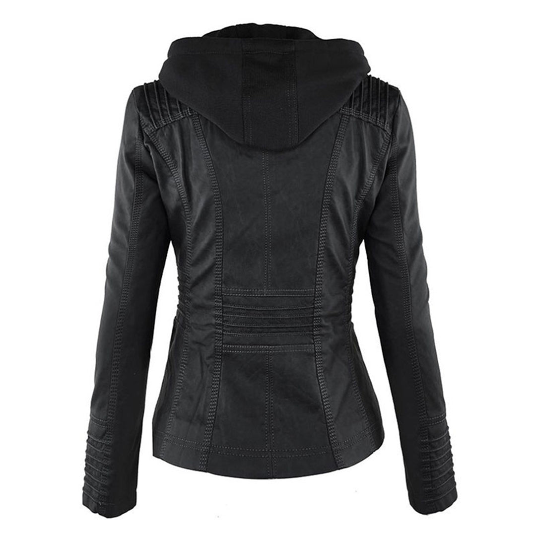 Women’s Stylish Hooded Leather Biker Jacket Coat