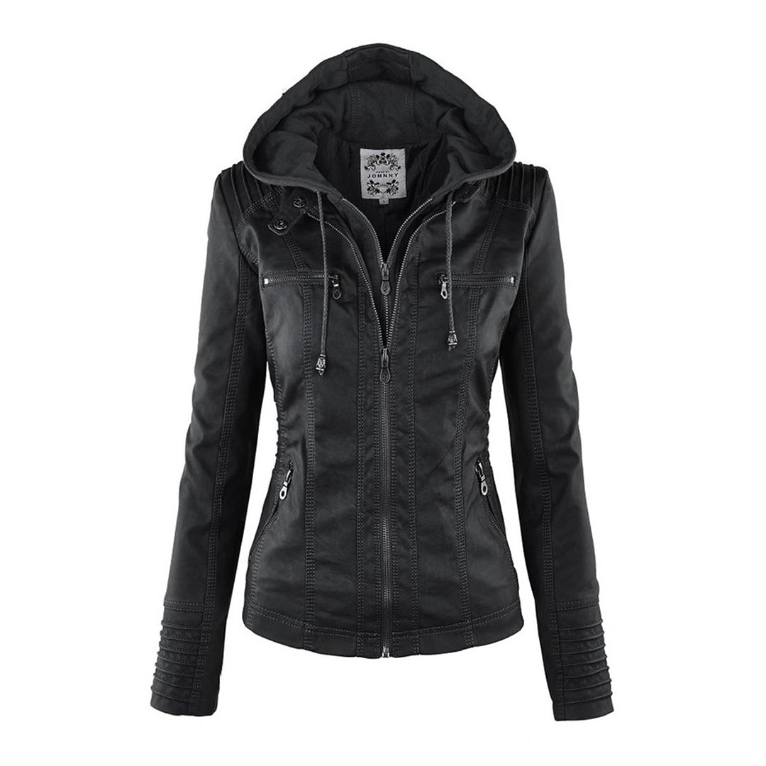 Women’s Stylish Hooded Leather Biker Jacket Coat
