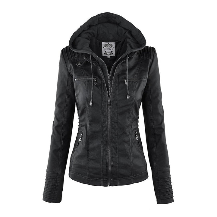 Women’s Stylish Hooded Leather Biker Jacket Coat