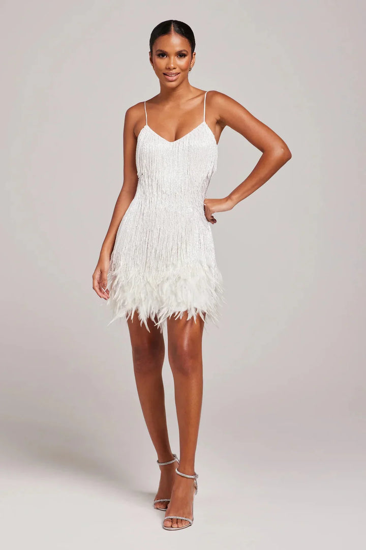White Sequin Mini Dress with Feather Hem – Glam Party Style