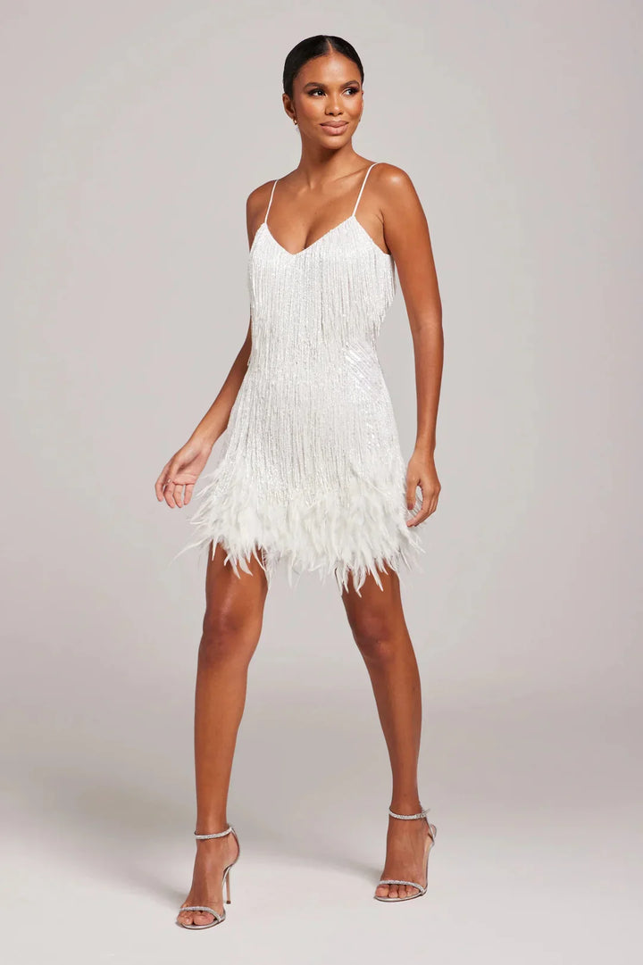 White Sequin Mini Dress with Feather Hem – Glam Party Style