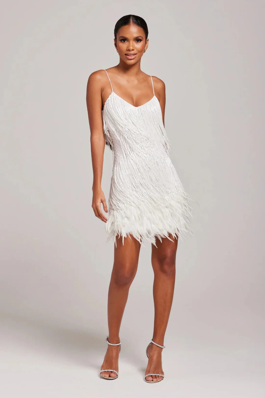 White Sequin Mini Dress with Feather Hem – Glam Party Style
