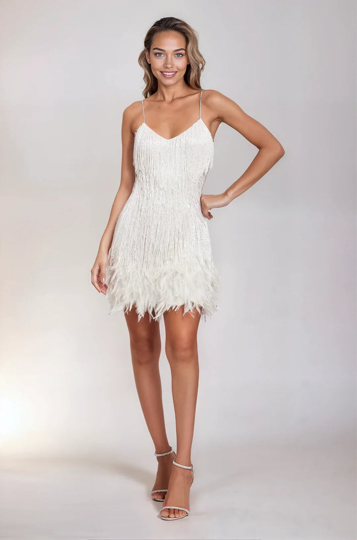 Isla | Women’s Feather Party Mini Dress with Fringe Details