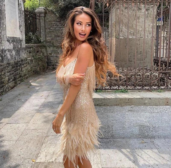Isla | Women’s Feather Party Mini Dress with Fringe Details