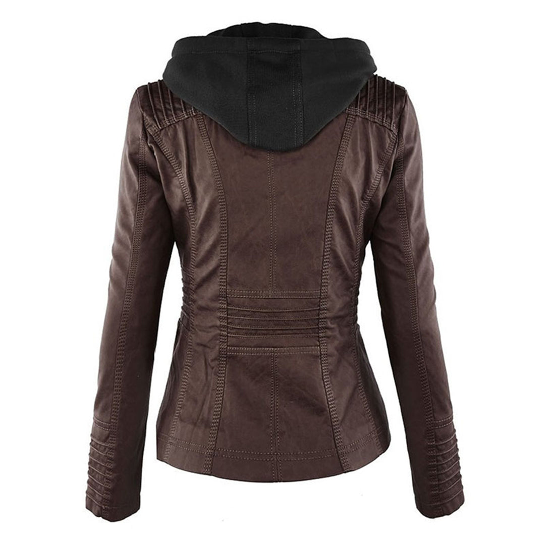 Women’s Stylish Hooded Leather Biker Jacket Coat