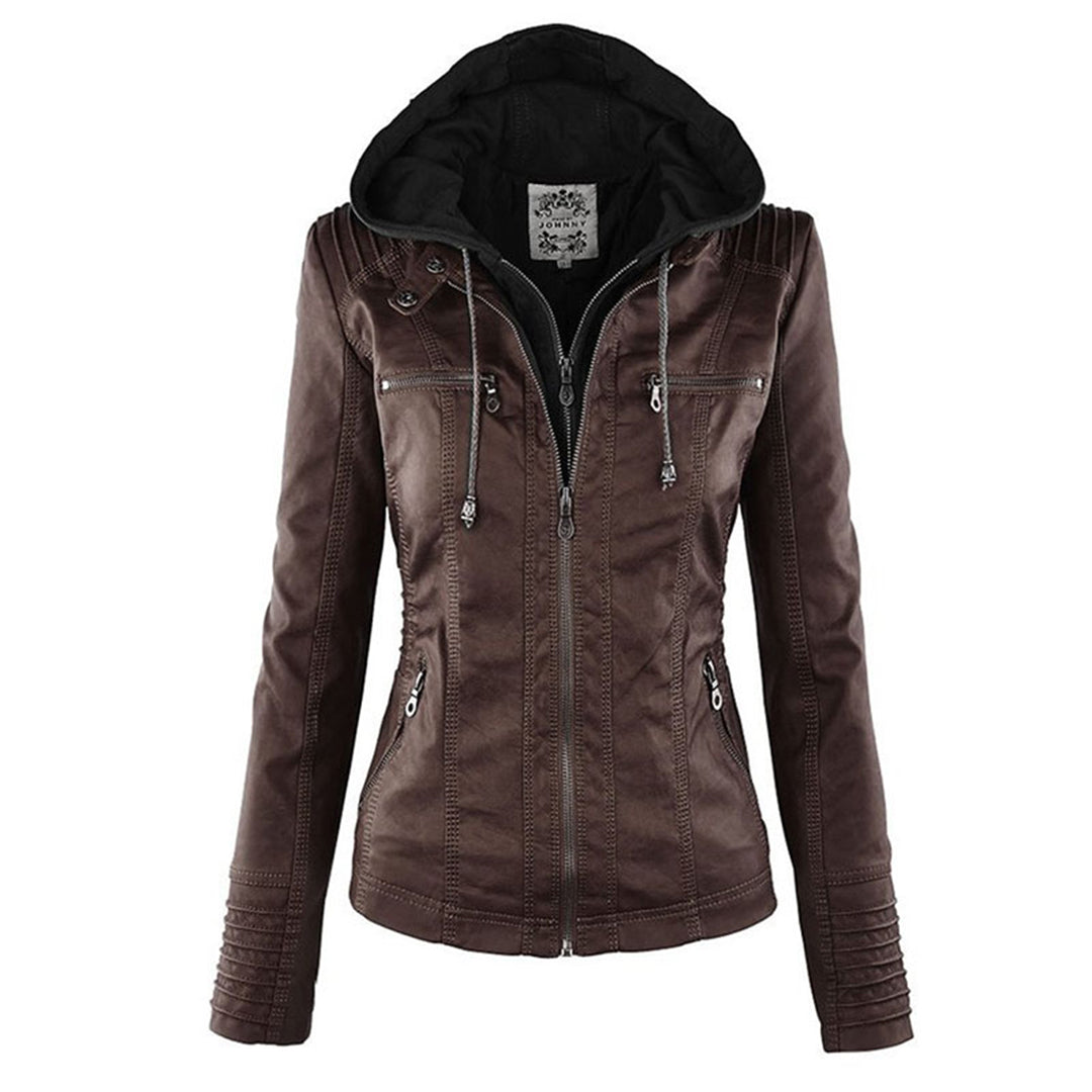 Women’s Stylish Hooded Leather Biker Jacket Coat
