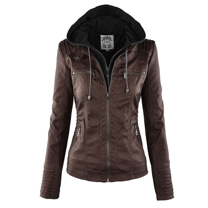 Women’s Stylish Hooded Leather Biker Jacket Coat