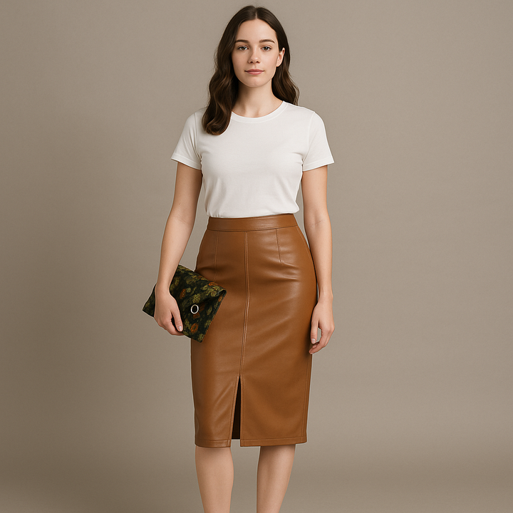 Women's High-Waisted Leather Skirt With Slit