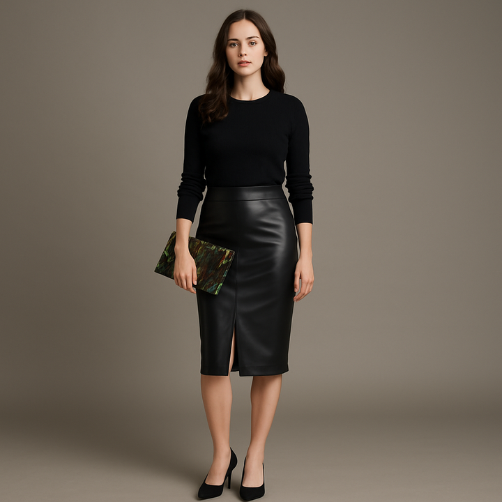 Women's High-Waisted Leather Skirt With Slit