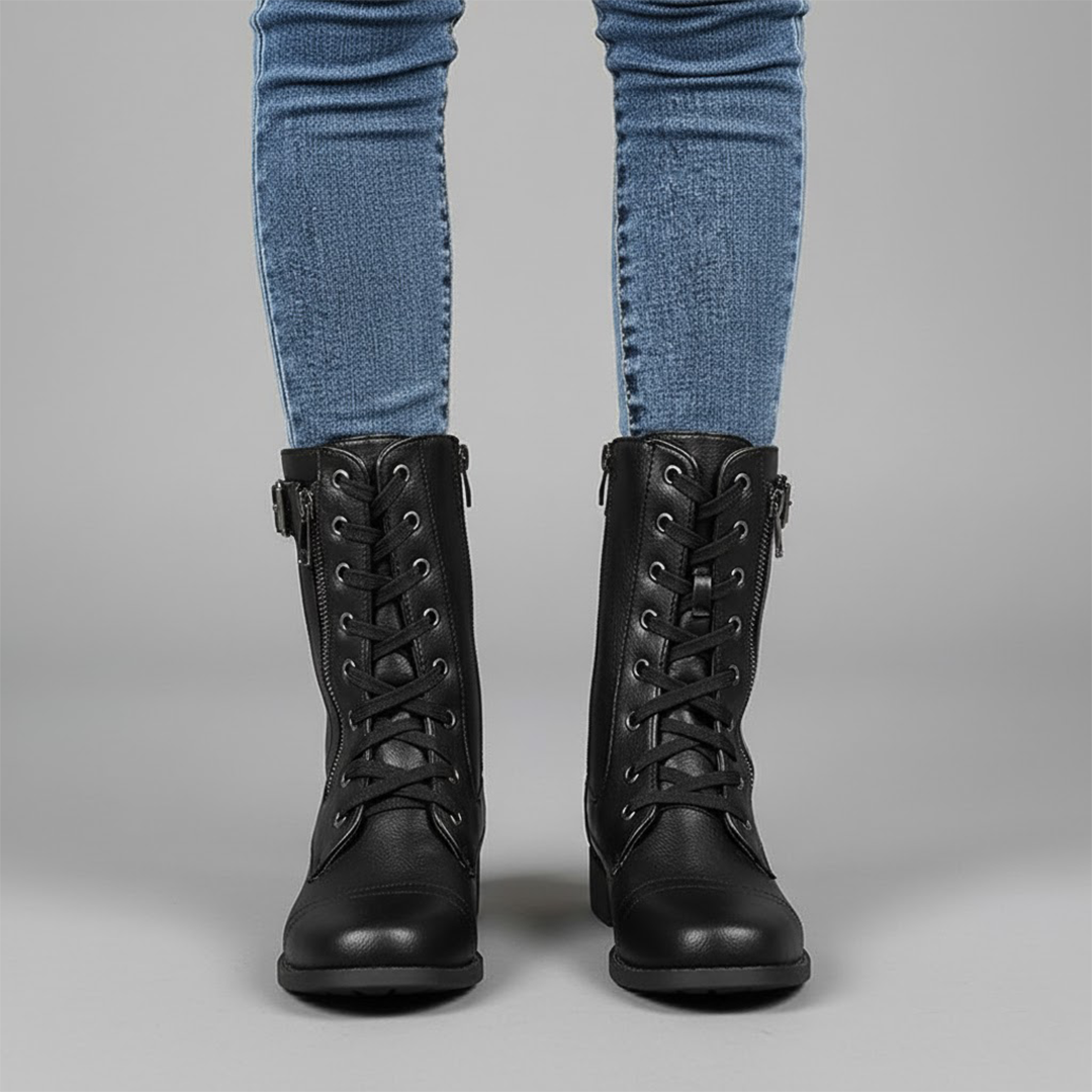 Women’s Lace-Up Ankle Boots with Side Zip – Comfortable Flat Winter Boots