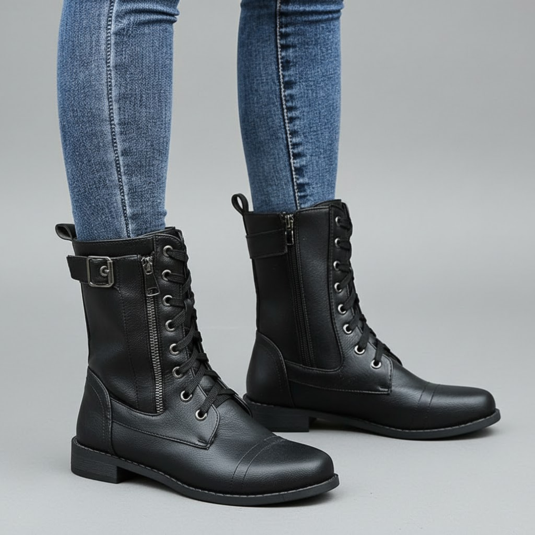 Women’s Lace-Up Ankle Boots with Side Zip – Comfortable Flat Winter Boots