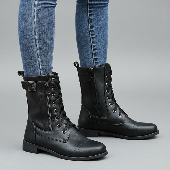 Women’s Lace-Up Ankle Boots with Side Zip – Comfortable Flat Winter Boots