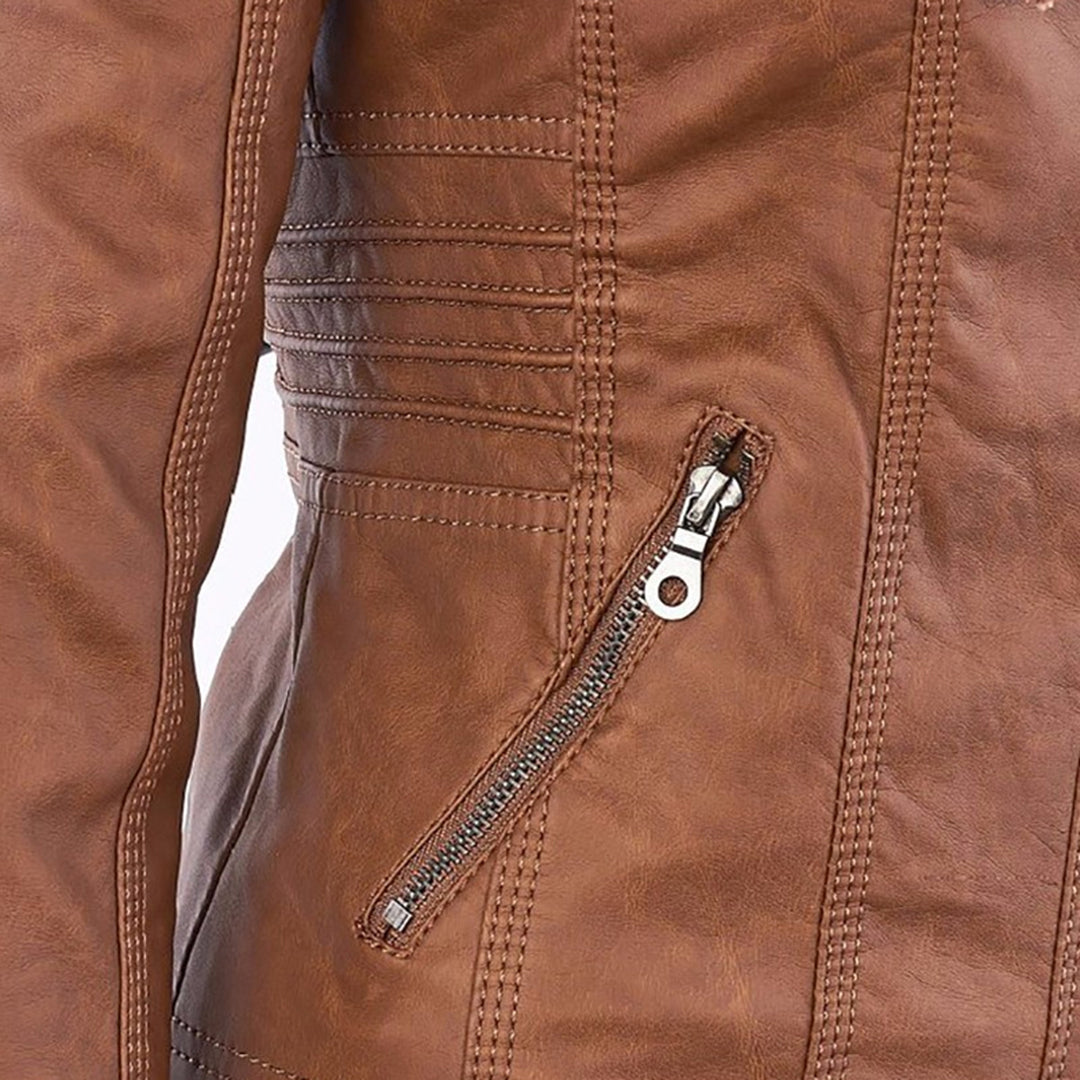 Women’s Stylish Hooded Leather Biker Jacket Coat