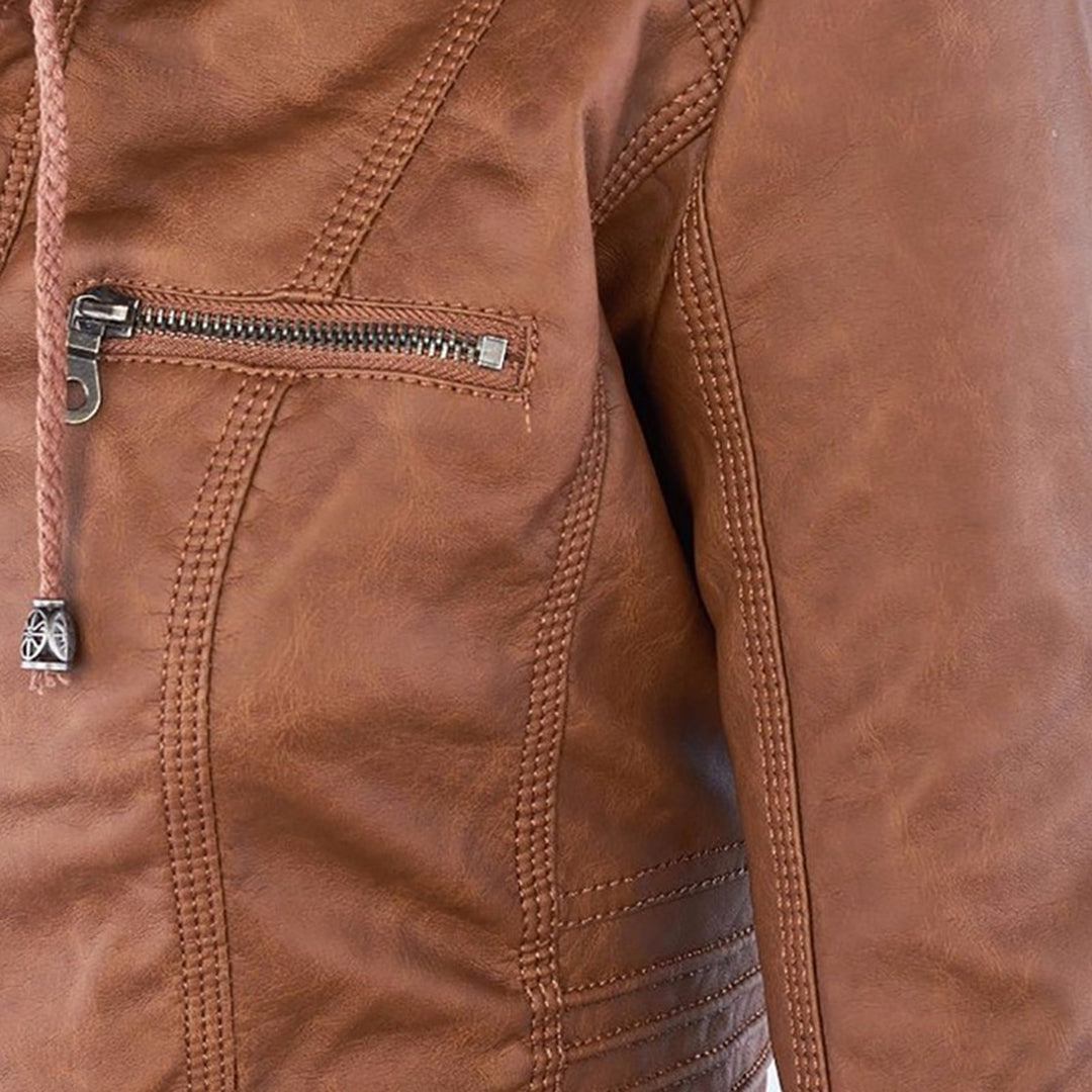 Women’s Stylish Hooded Leather Biker Jacket Coat