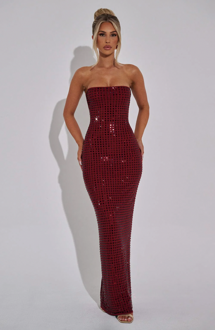 Glam Strapless Rhinestone Gown – Sparkling Maxi Dress for Winter Occasions