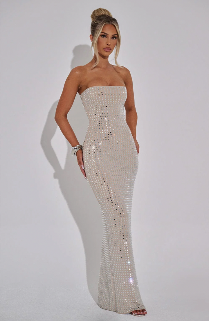 Glam Strapless Rhinestone Gown – Sparkling Maxi Dress for Winter Occasions